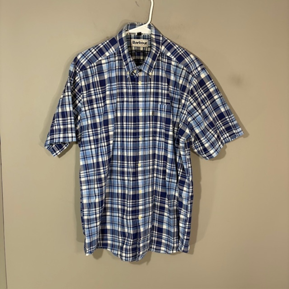 Barbour Shirt Mens Medium Blue Plaid Short Sleeve Button Up Cotton Casual